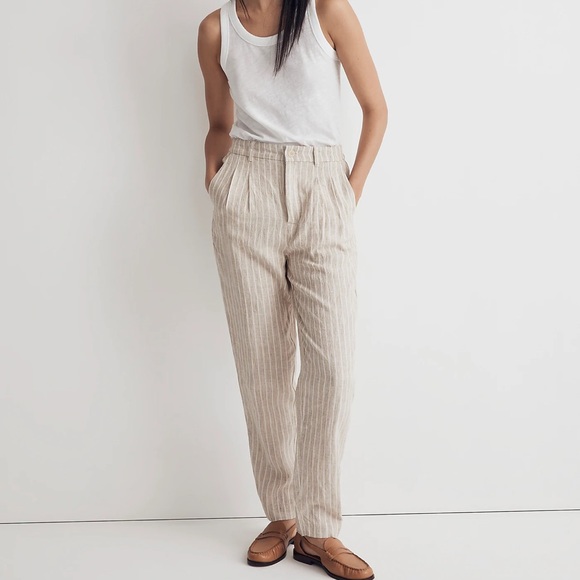 The Petite Untailored Tapered Pant in Striped 100% Linen - Picture 1 of 5